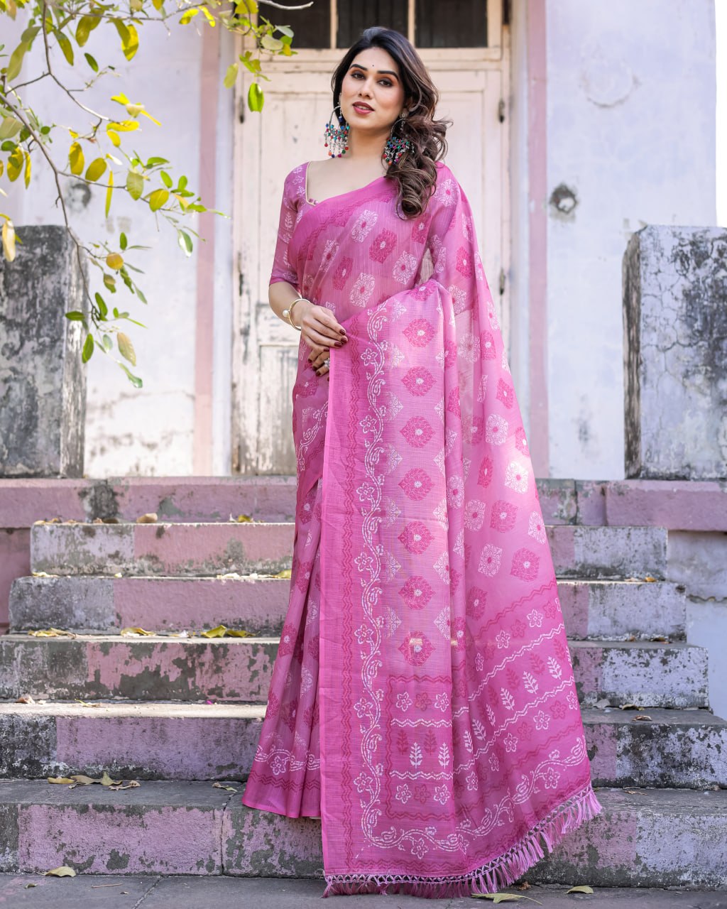 Elenoir Rose Pink Woven Linen Cotton Saree with Silver Zari Buta & Traditional Border