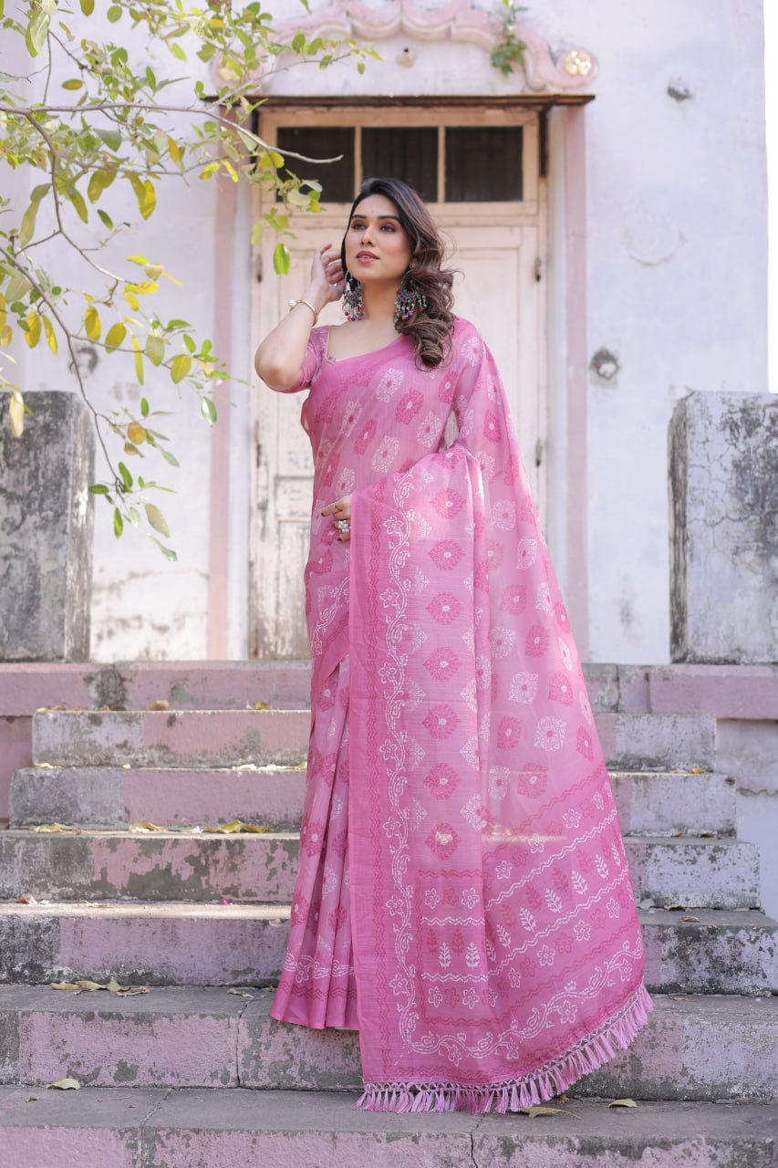 Elenoir Rose Pink Woven Linen Cotton Saree with Silver Zari Buta & Traditional Border