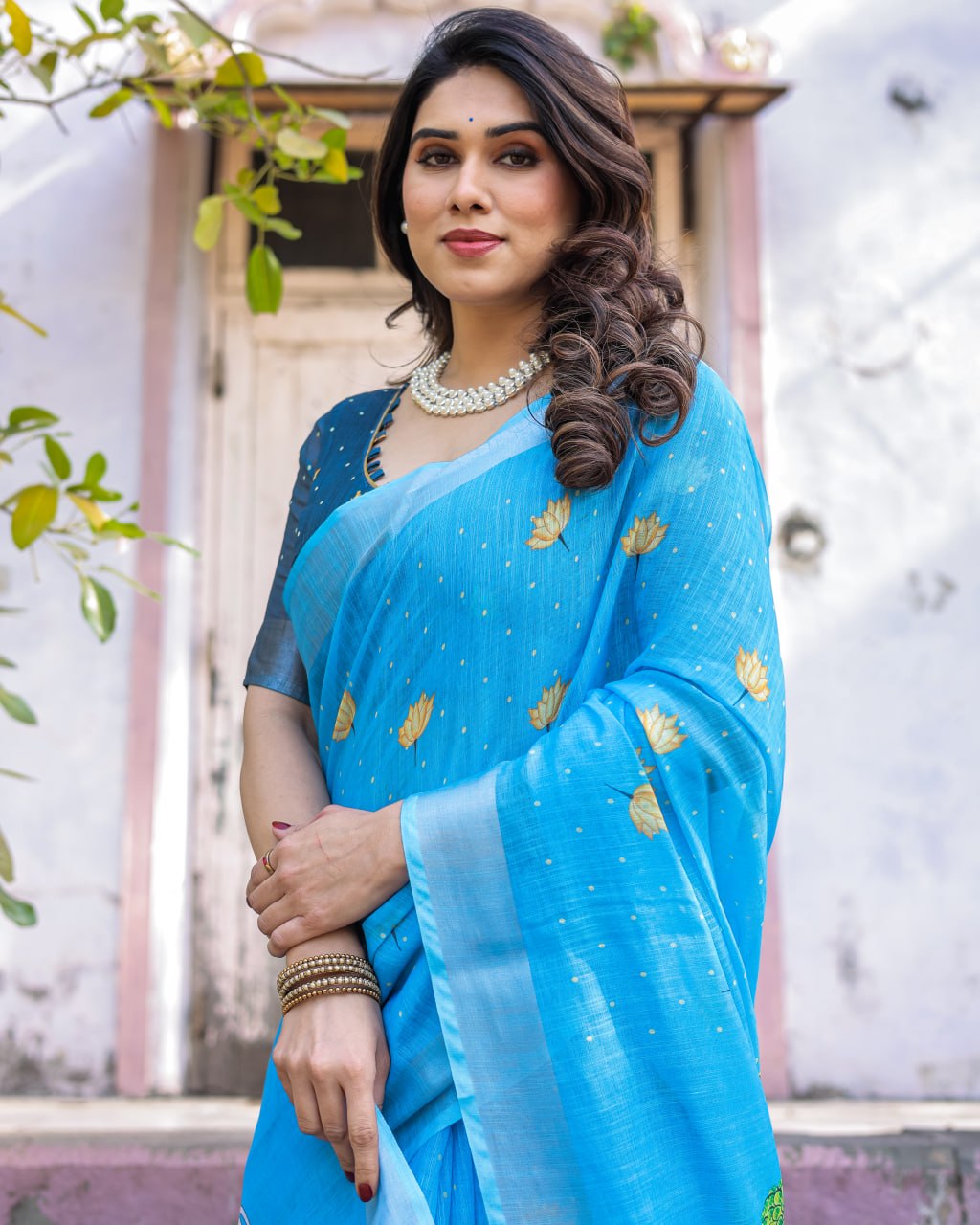 Elenoir Sky Blue Pichwai Lotus Printed Linen Cotton Saree with Silver Zari Border & Running Blouse Piece
