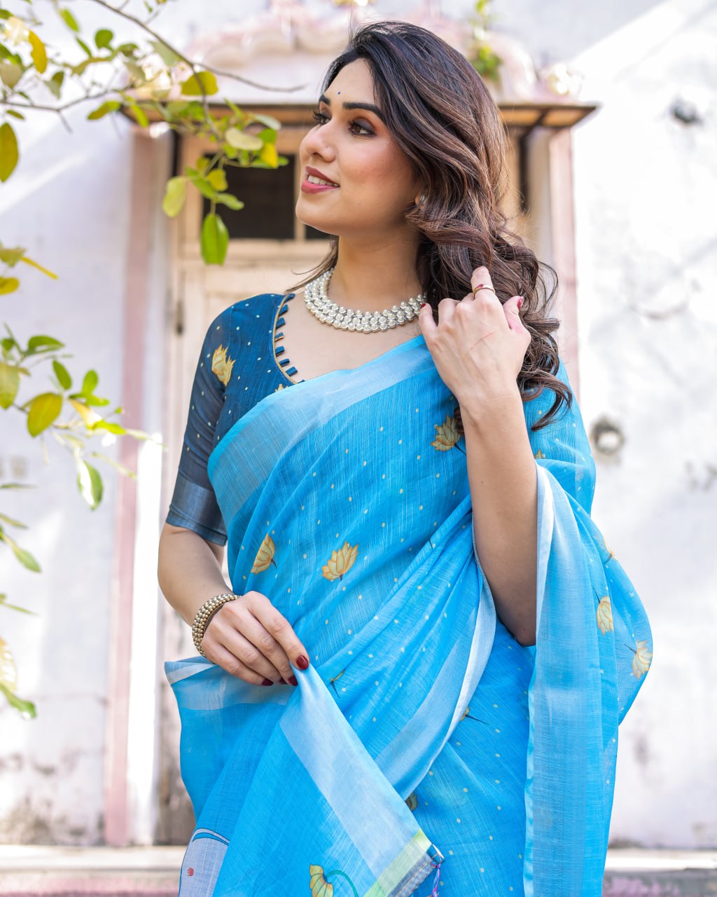 Elenoir Sky Blue Pichwai Lotus Printed Linen Cotton Saree with Silver Zari Border & Running Blouse Piece
