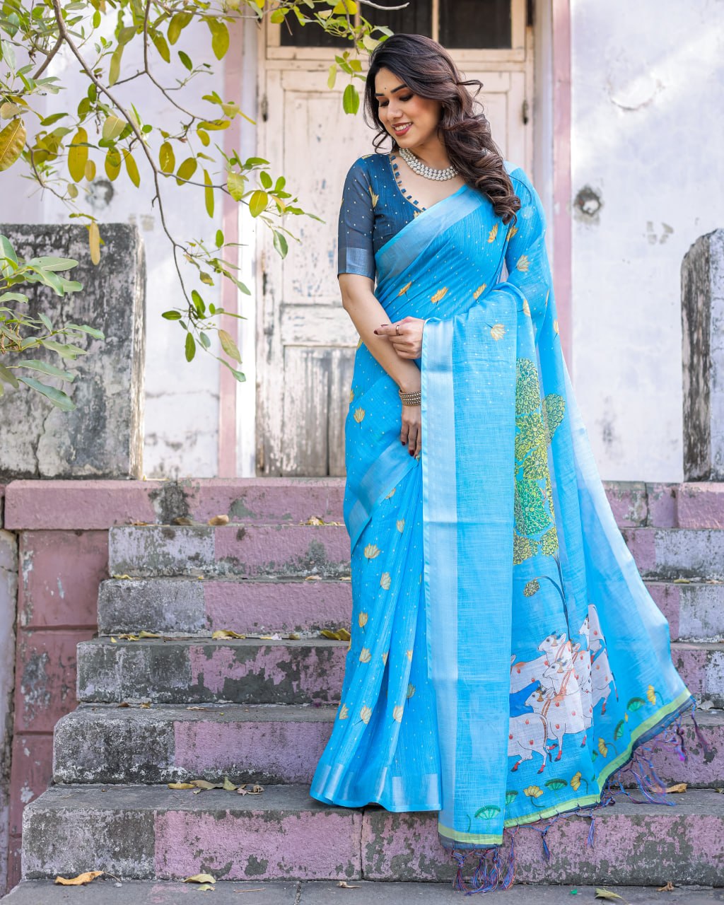 Elenoir Sky Blue Pichwai Lotus Printed Linen Cotton Saree with Silver Zari Border & Running Blouse Piece
