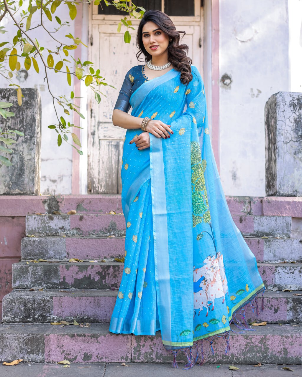 Elenoir Sky Blue Pichwai Lotus Printed Linen Cotton Saree with Silver Zari Border & Running Blouse Piece