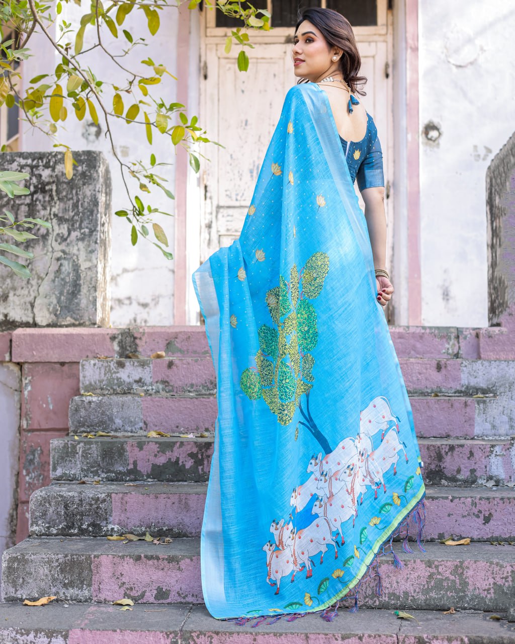 Elenoir Sky Blue Pichwai Lotus Printed Linen Cotton Saree with Silver Zari Border & Running Blouse Piece