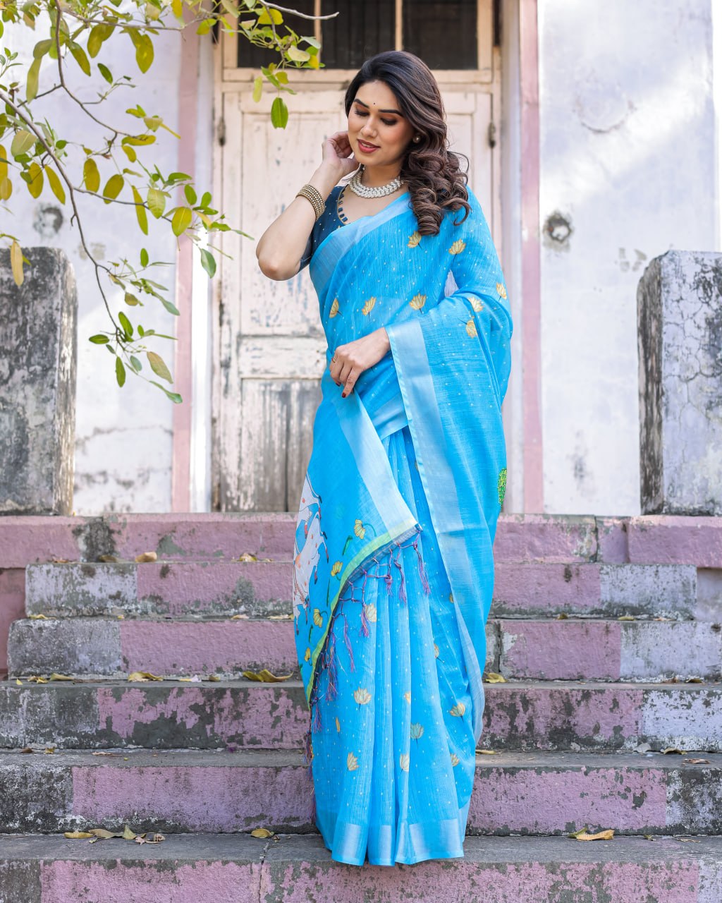 Elenoir Sky Blue Pichwai Lotus Printed Linen Cotton Saree with Silver Zari Border & Running Blouse Piece