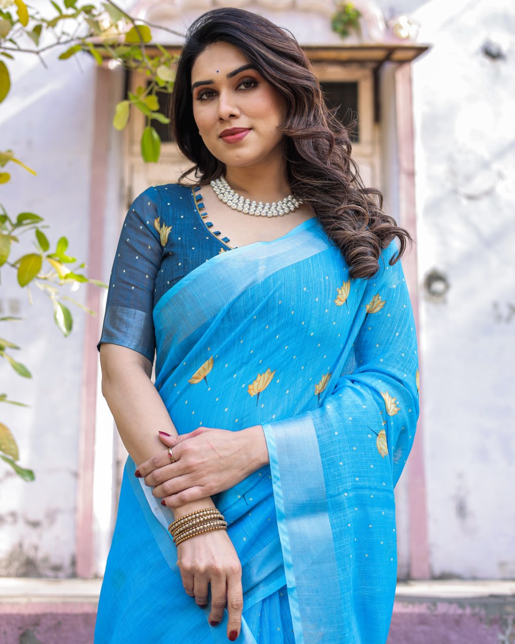 Elenoir Sky Blue Pichwai Lotus Printed Linen Cotton Saree with Silver Zari Border & Running Blouse Piece