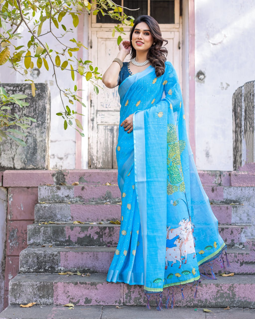 Elenoir Sky Blue Pichwai Lotus Printed Linen Cotton Saree with Silver Zari Border & Running Blouse Piece