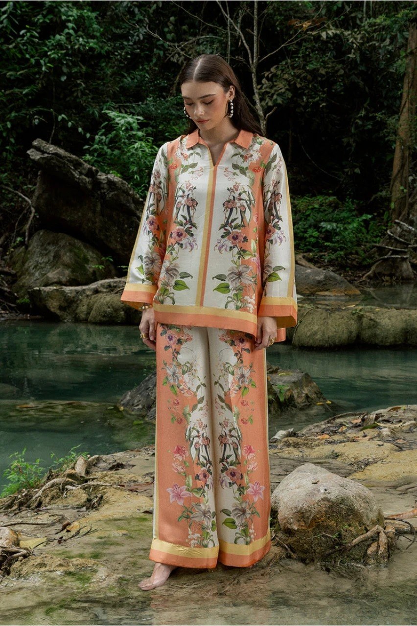 White & Orange Cotton Slub Premium   Co-ord Set For Women