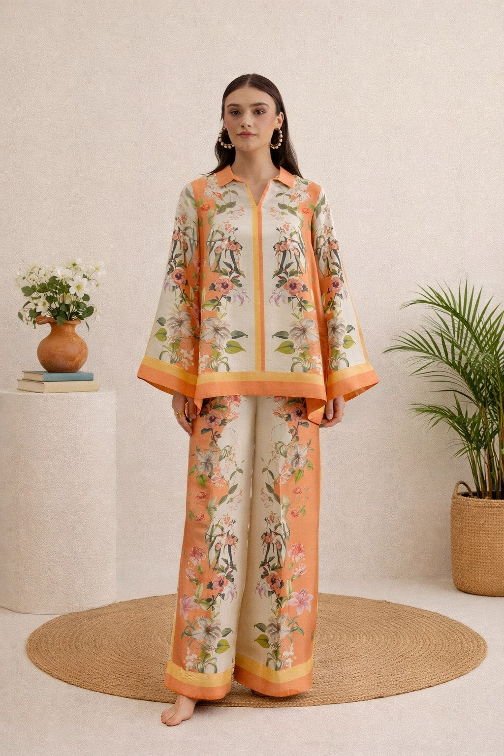 White & Orange Cotton Slub Premium   Co-ord Set For Women
