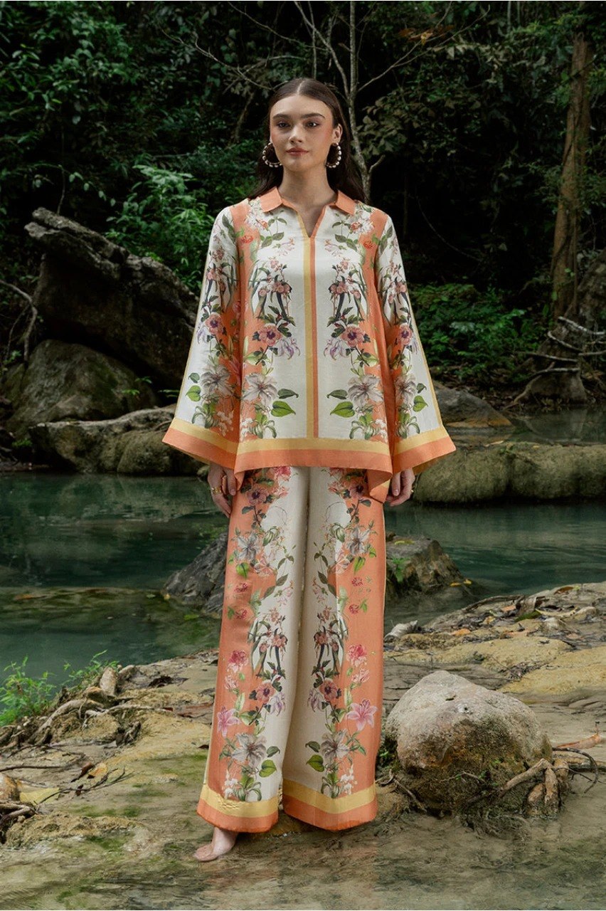 White & Orange Cotton Slub Premium   Co-ord Set For Women