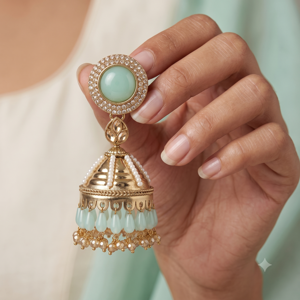 Kundan Pearl Drop Matt Finish Festive Ethnic Jhumki (Round To Stud)
