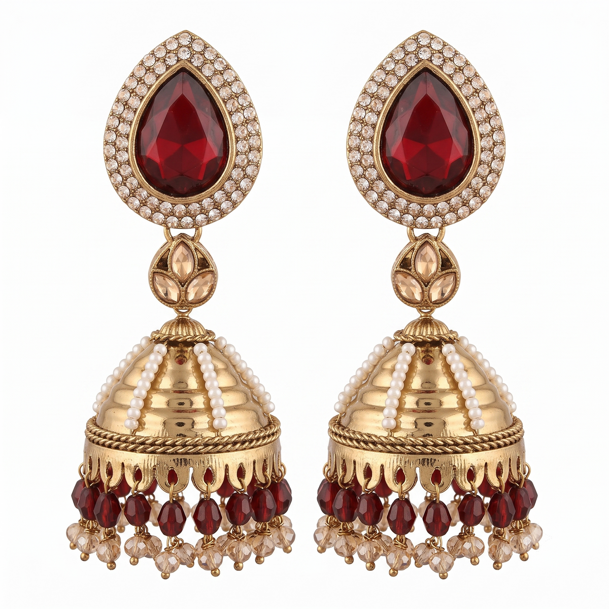 Kundan Pearl Drop Matt Finish Festive Ethnic Jhumki (Round To Stud)