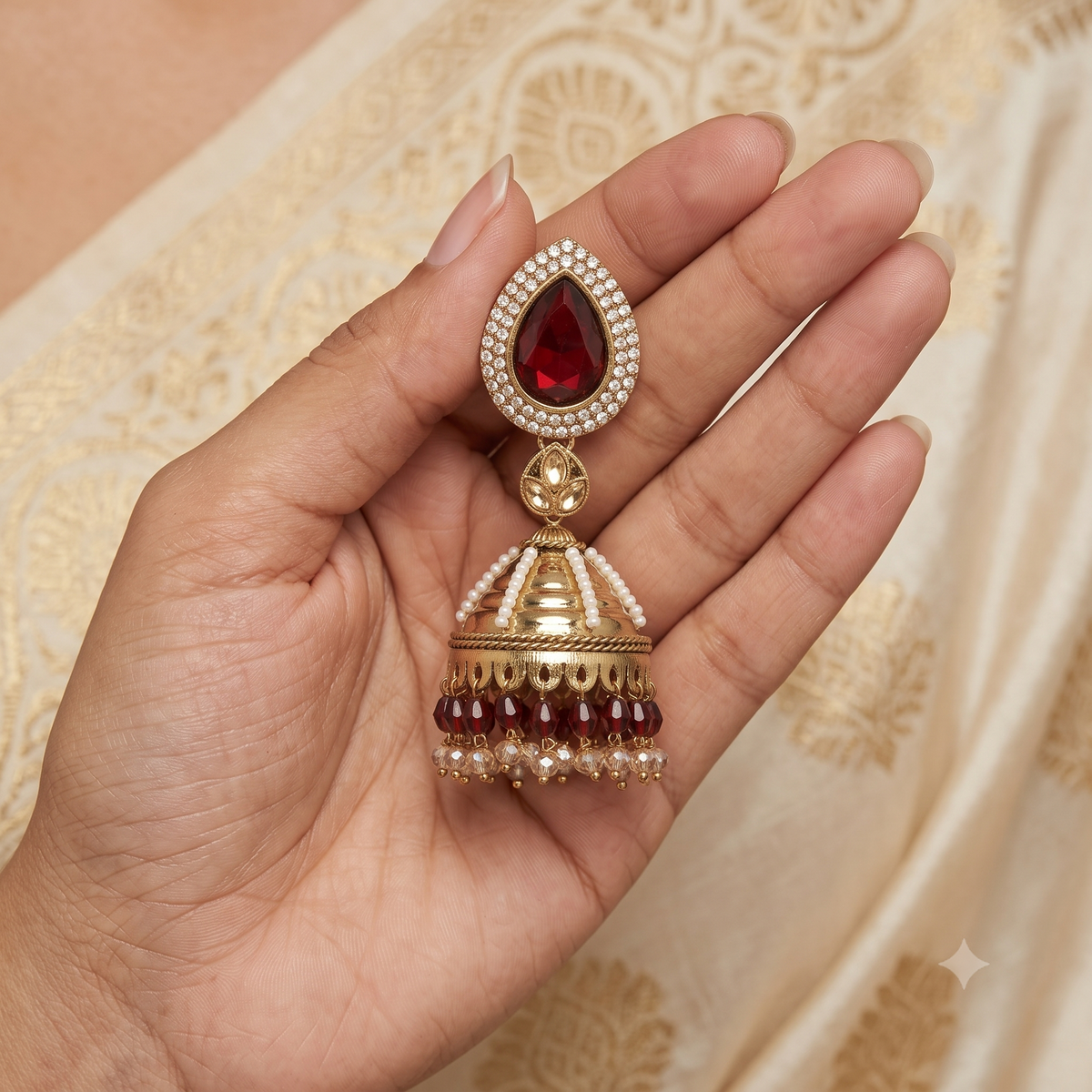 Kundan Pearl Drop Matt Finish Festive Ethnic Jhumki (Round To Stud)