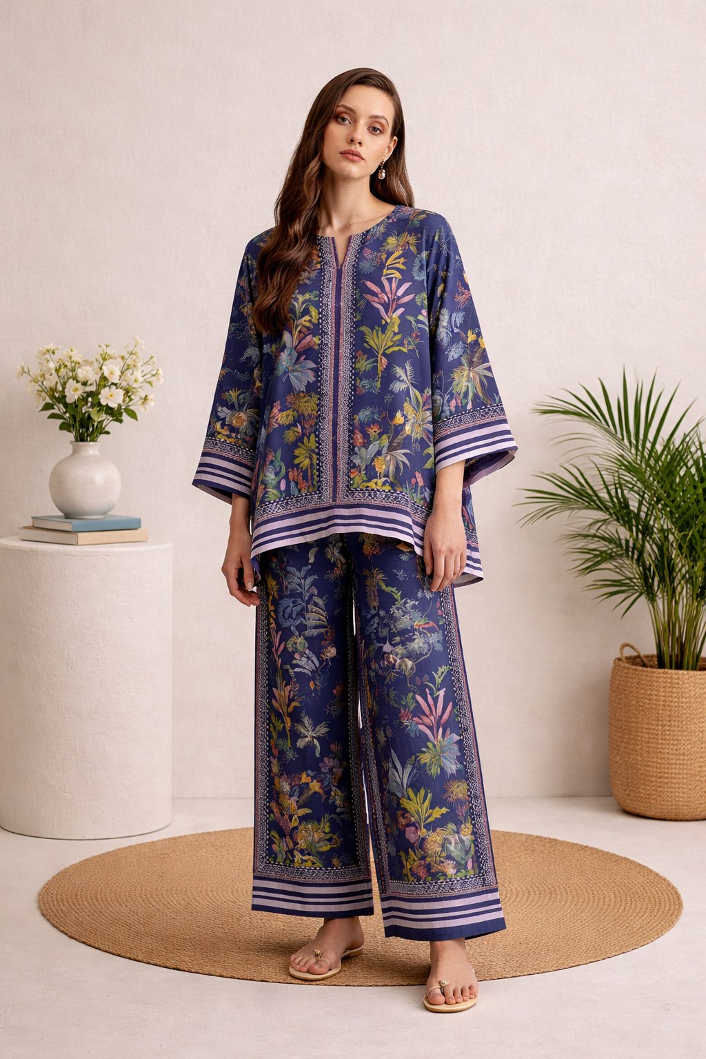 Navy Blue Cotton Blend Premium   Co-ord Set For Women
