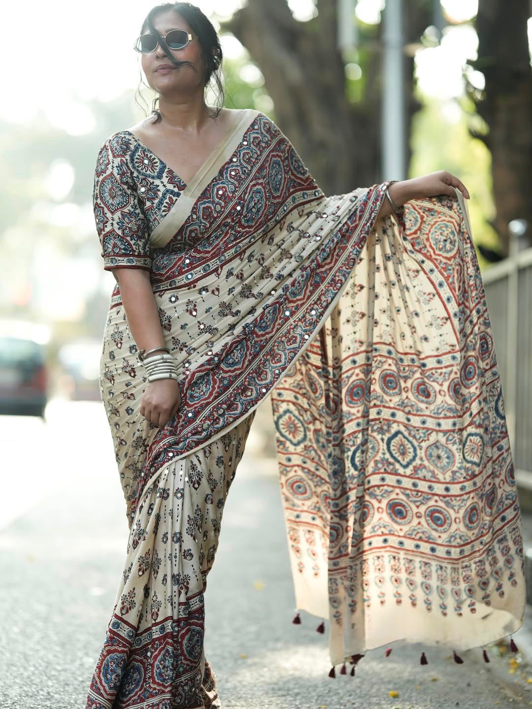 Ivory Modal Silk Ajrakh Printed Saree | Ethnic Designer Saree with Tassel Pallu