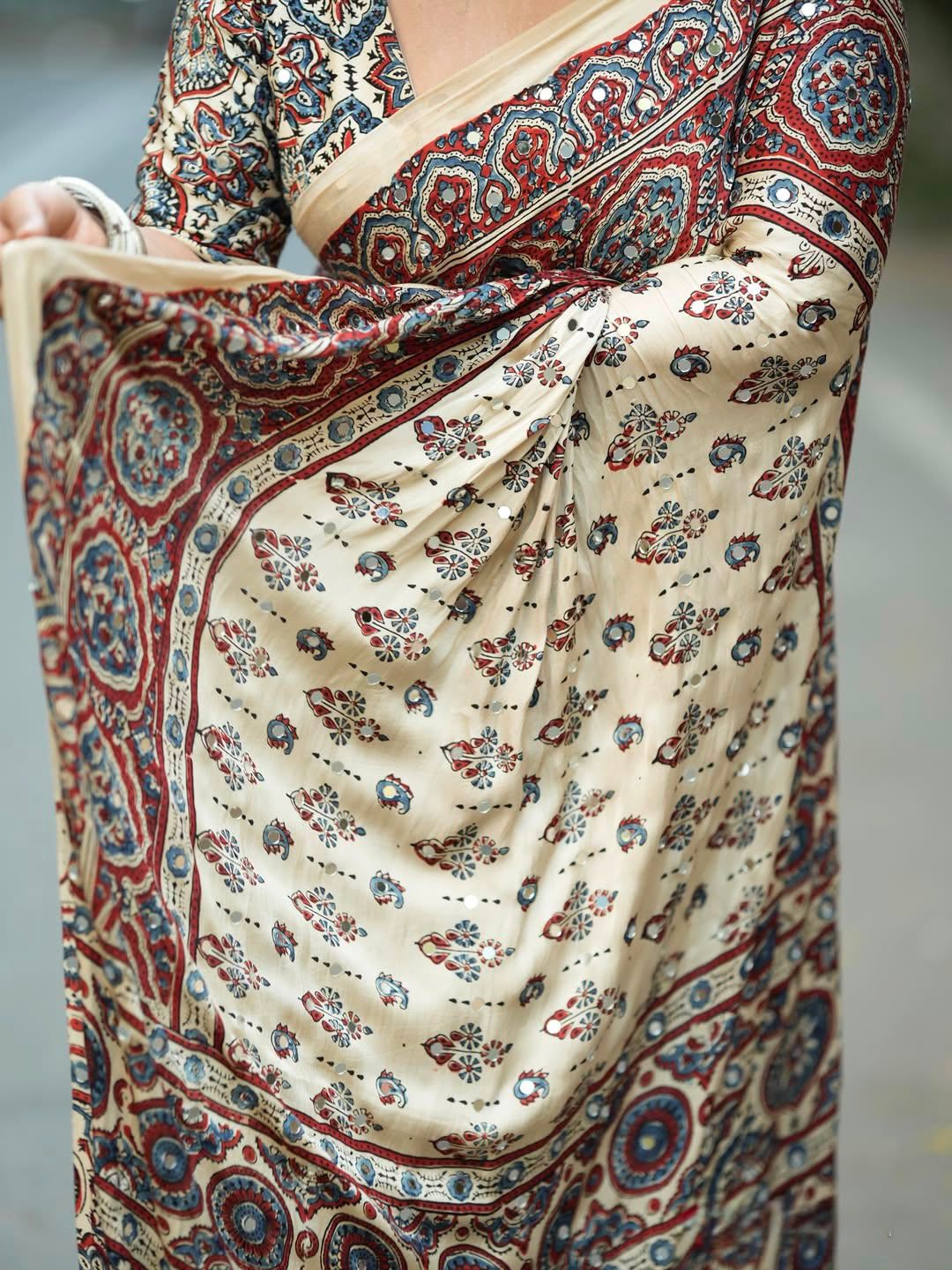 Ivory Modal Silk Ajrakh Printed Saree | Ethnic Designer Saree with Tassel Pallu