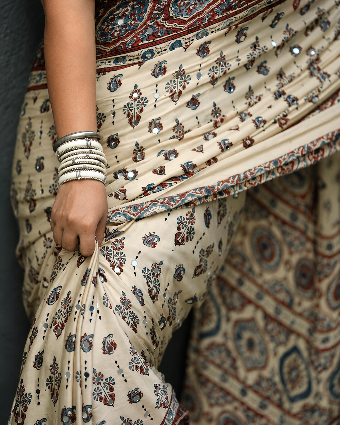 Ivory Modal Silk Ajrakh Printed Saree | Ethnic Designer Saree with Tassel Pallu