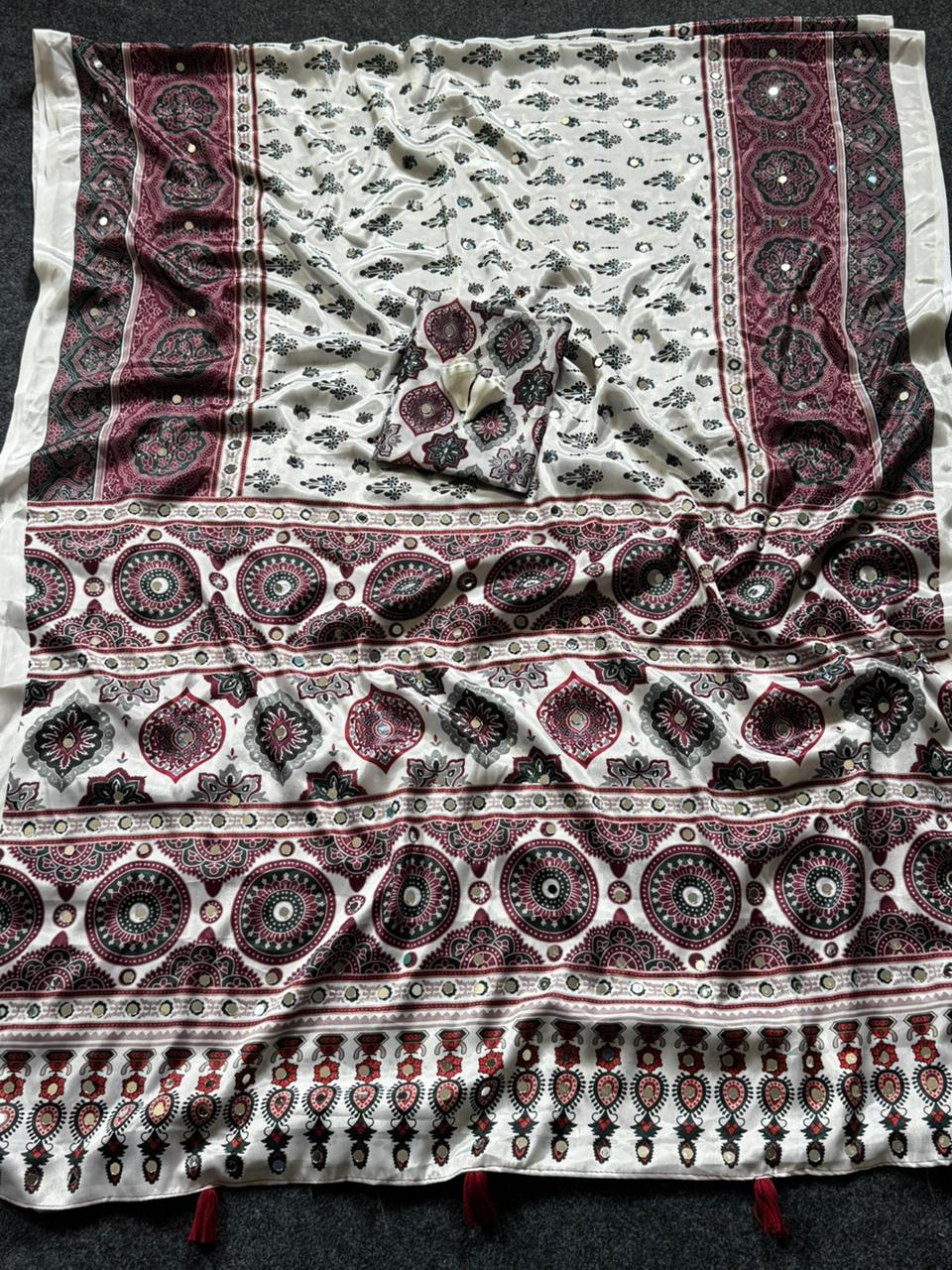 Ivory Modal Silk Ajrakh Printed Saree | Ethnic Designer Saree with Tassel Pallu