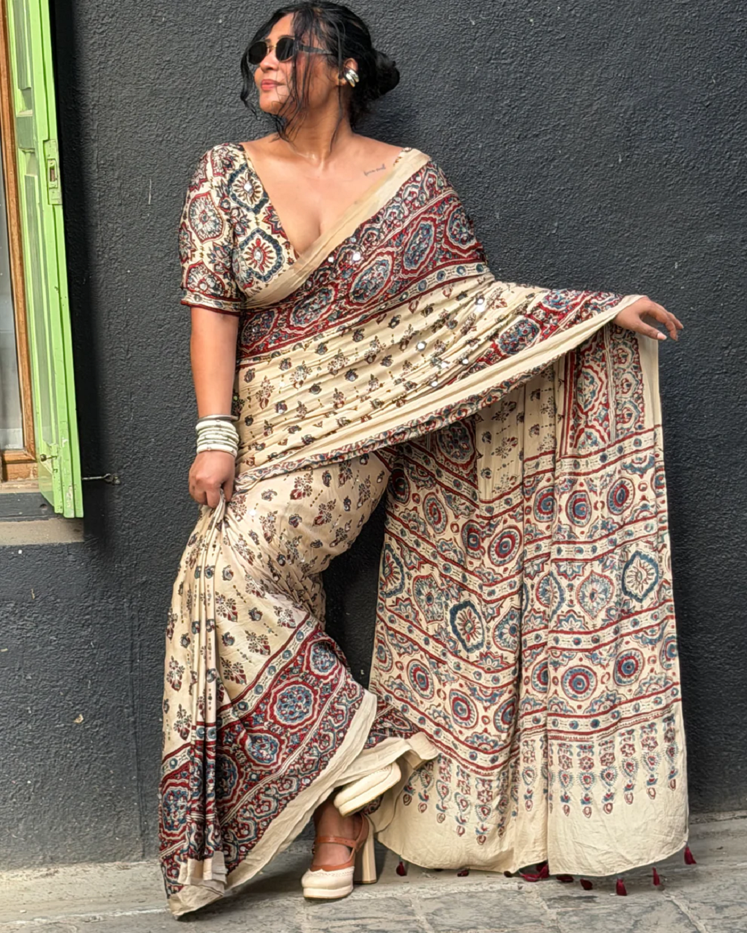 Ivory Modal Silk Ajrakh Printed Saree | Ethnic Designer Saree with Tassel Pallu