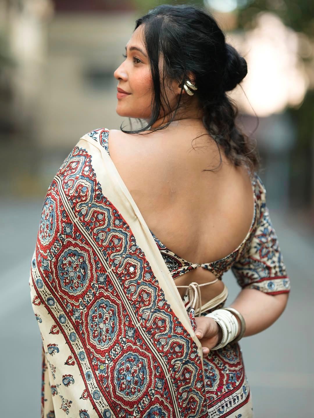 Ivory Modal Silk Ajrakh Printed Saree | Ethnic Designer Saree with Tassel Pallu