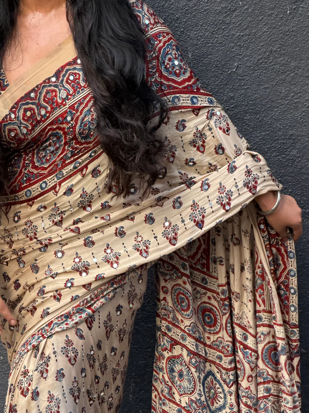 Ivory Modal Silk Ajrakh Printed Saree | Ethnic Designer Saree with Tassel Pallu