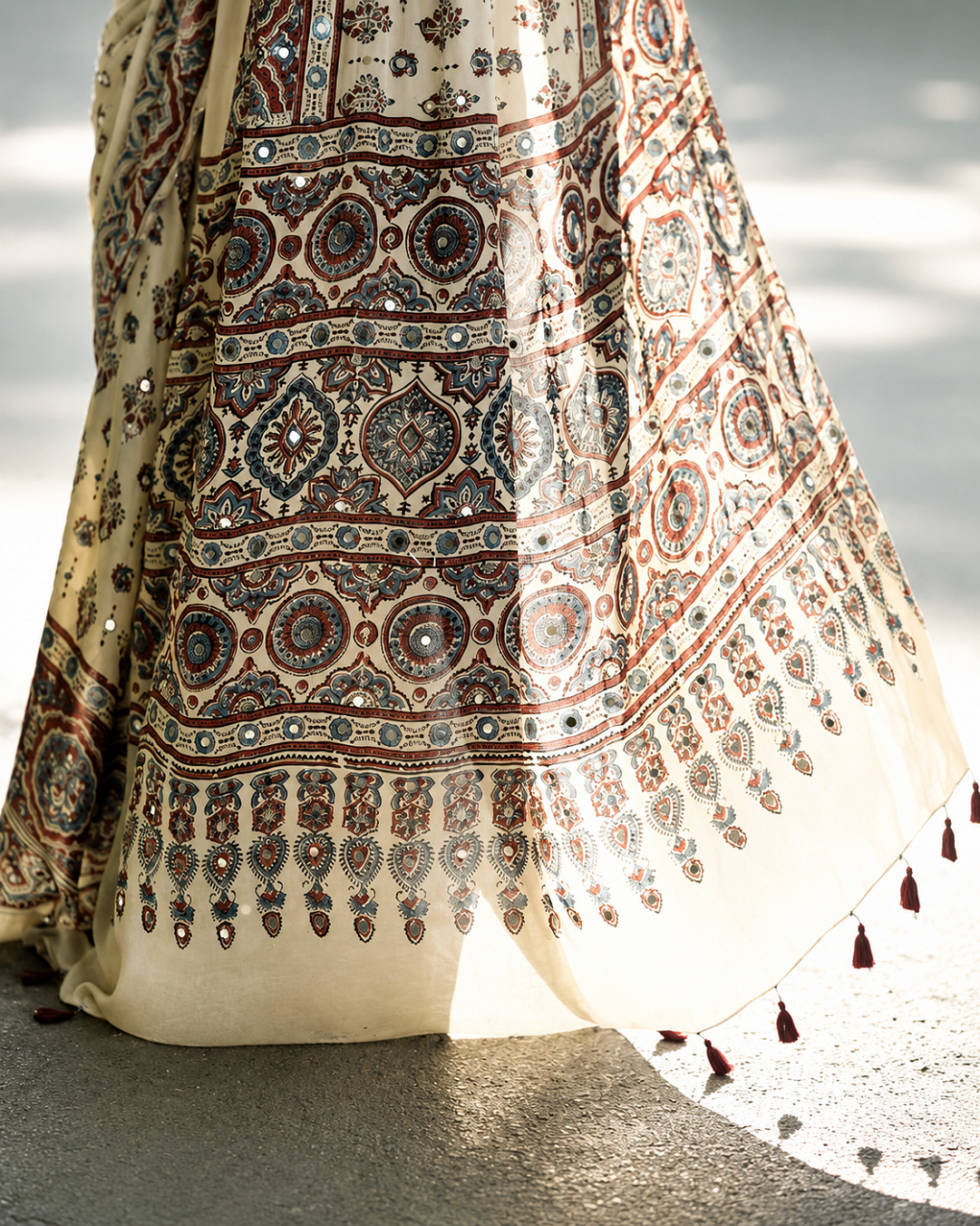 Ivory Modal Silk Ajrakh Printed Saree | Ethnic Designer Saree with Tassel Pallu