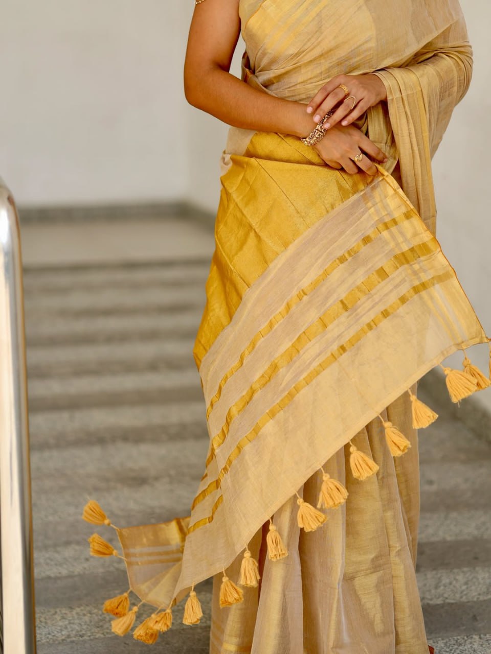 Kerala Kasavu Tissue Silk Saree with Gold Zari Border | Off White Traditional Saree