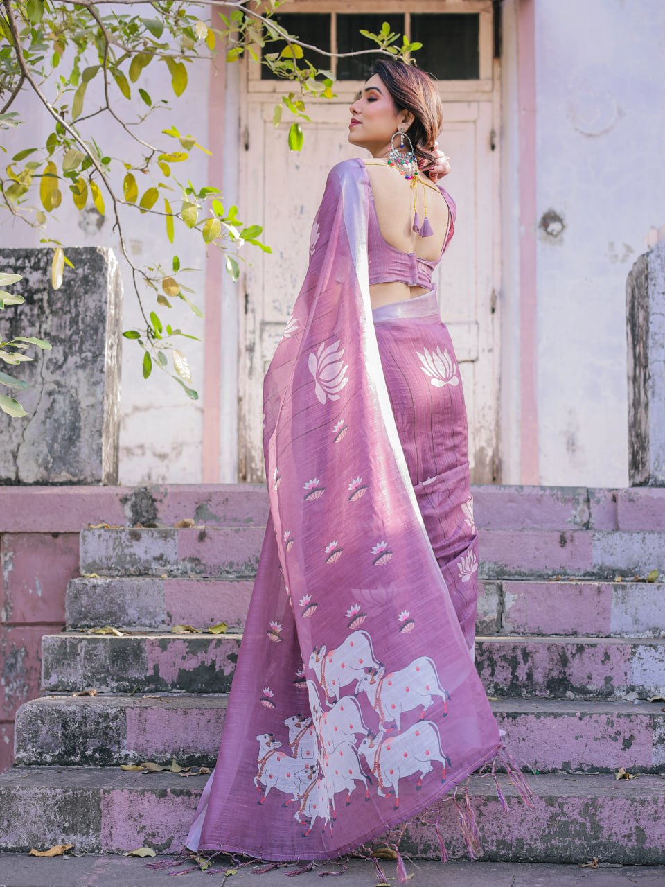 Elenoir Lavender Pichwai Printed Linen Cotton Saree with Zari Border & Running Blouse Piece