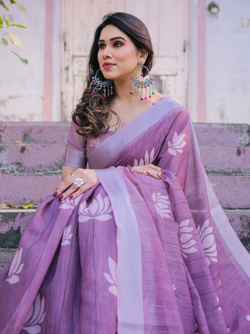Elenoir Lavender Pichwai Printed Linen Cotton Saree with Zari Border & Running Blouse Piece