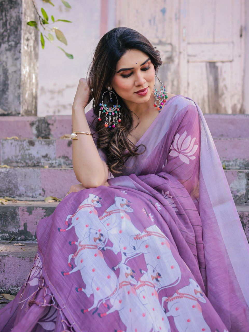 Elenoir Lavender Pichwai Printed Linen Cotton Saree with Zari Border & Running Blouse Piece