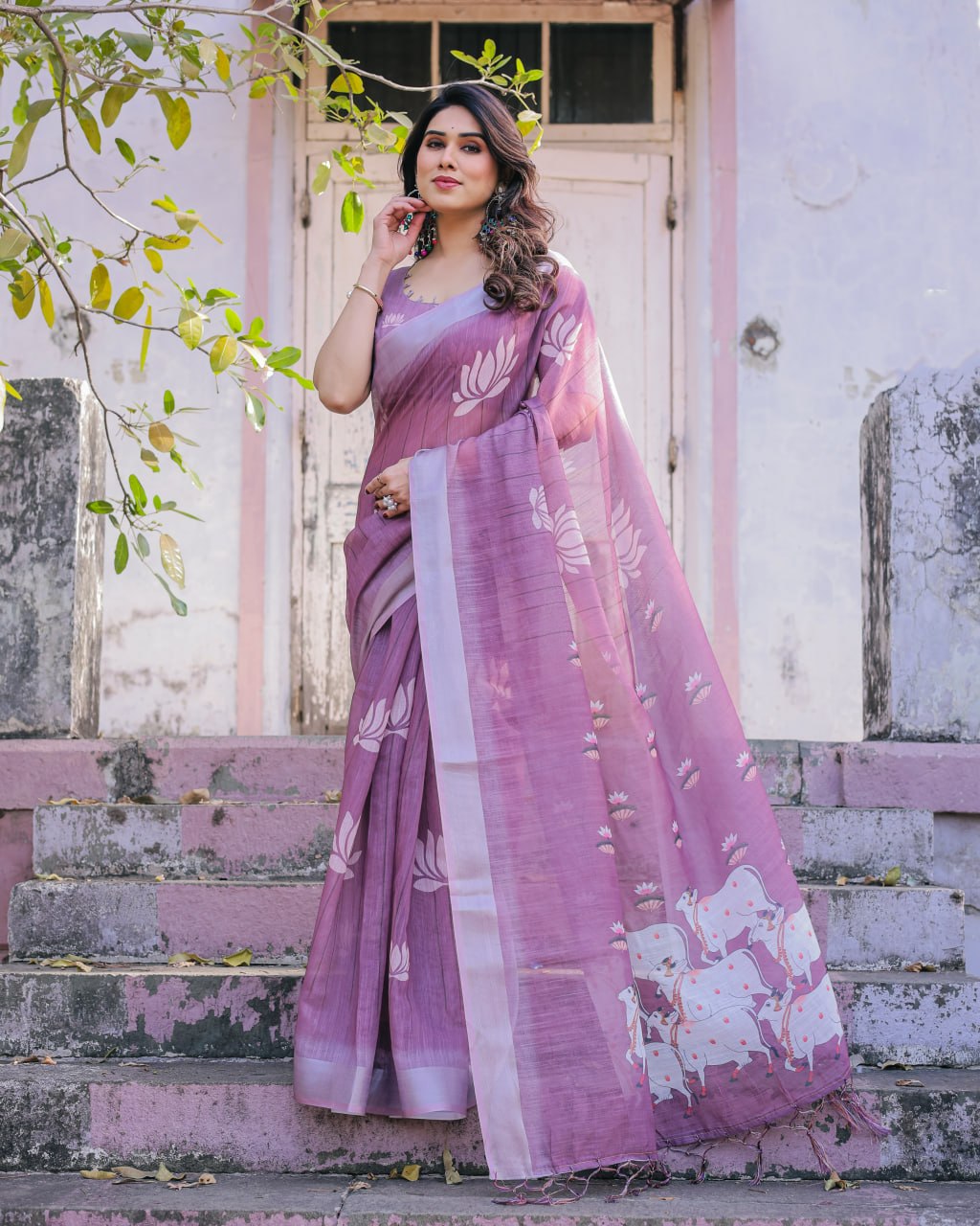 Elenoir Lavender Pichwai Printed Linen Cotton Saree with Zari Border & Running Blouse Piece