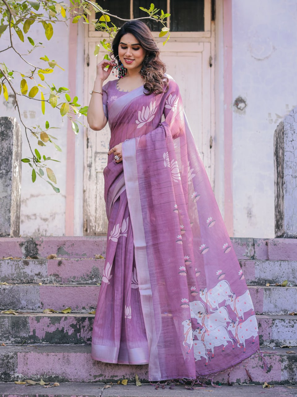 Elenoir Lavender Pichwai Printed Linen Cotton Saree with Zari Border & Running Blouse Piece