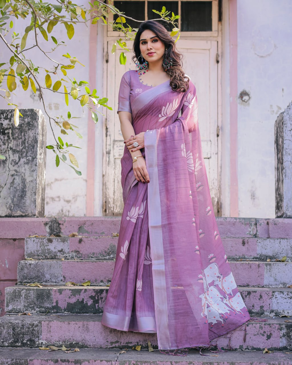 Elenoir Lavender Pichwai Printed Linen Cotton Saree with Zari Border & Running Blouse Piece