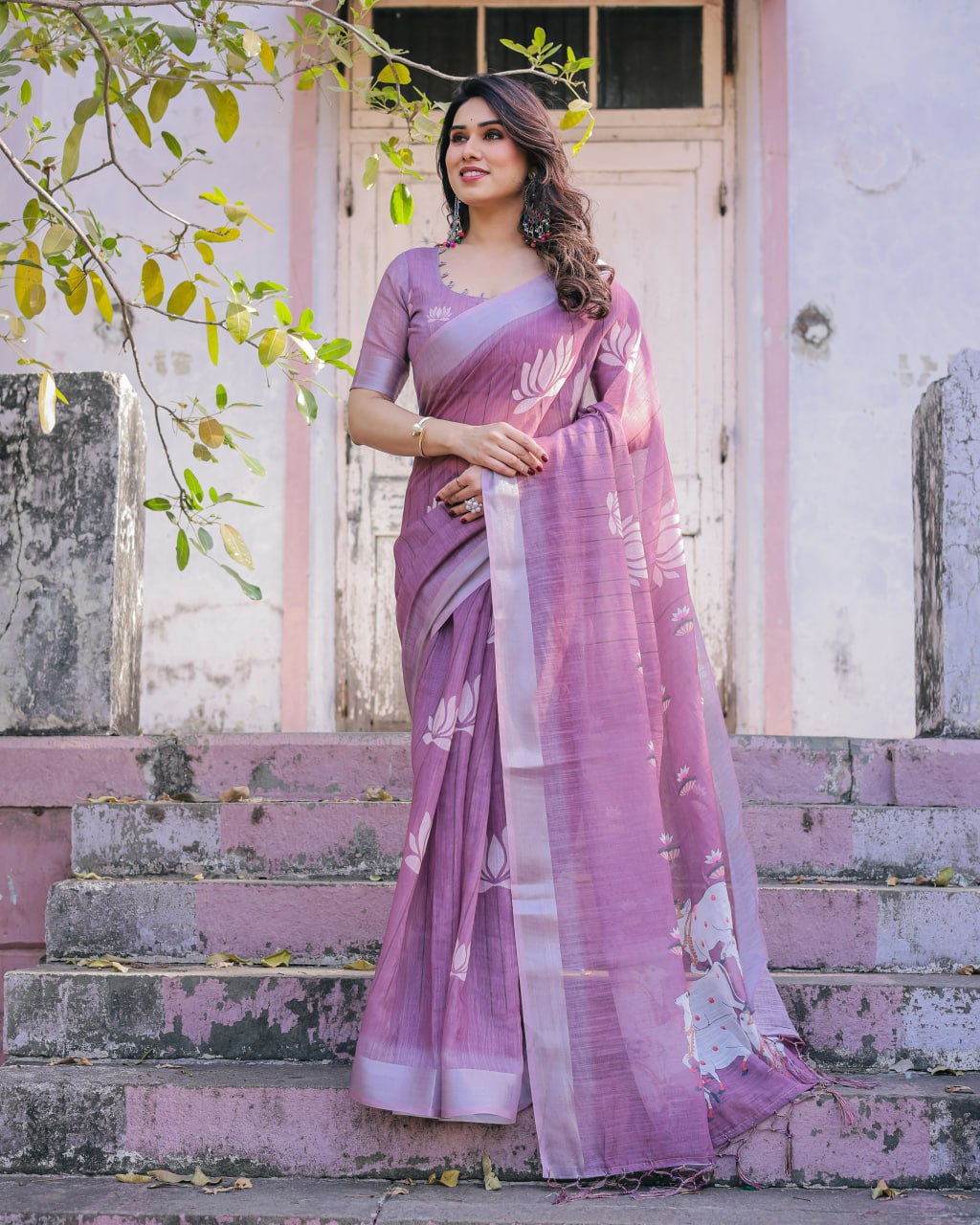 Elenoir Lavender Pichwai Printed Linen Cotton Saree with Zari Border & Running Blouse Piece