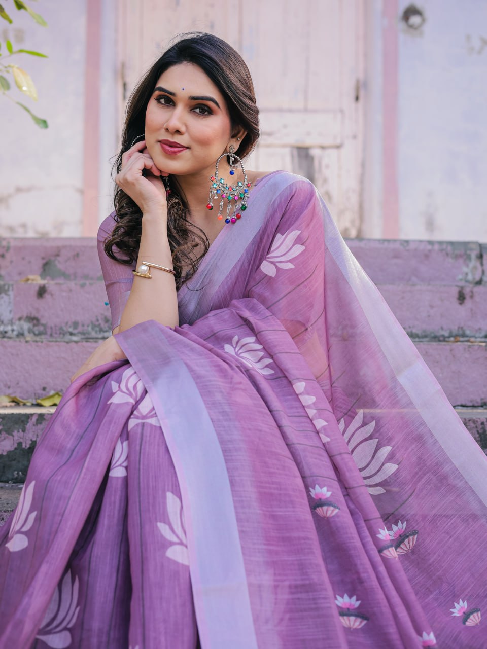 Elenoir Lavender Pichwai Printed Linen Cotton Saree with Zari Border & Running Blouse Piece