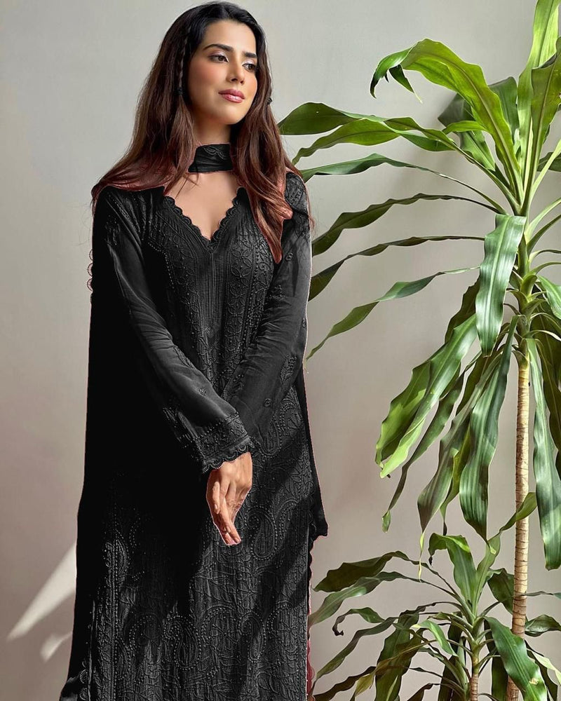 Black Georgette Premium Kurta Pant Dupatta Set For Women