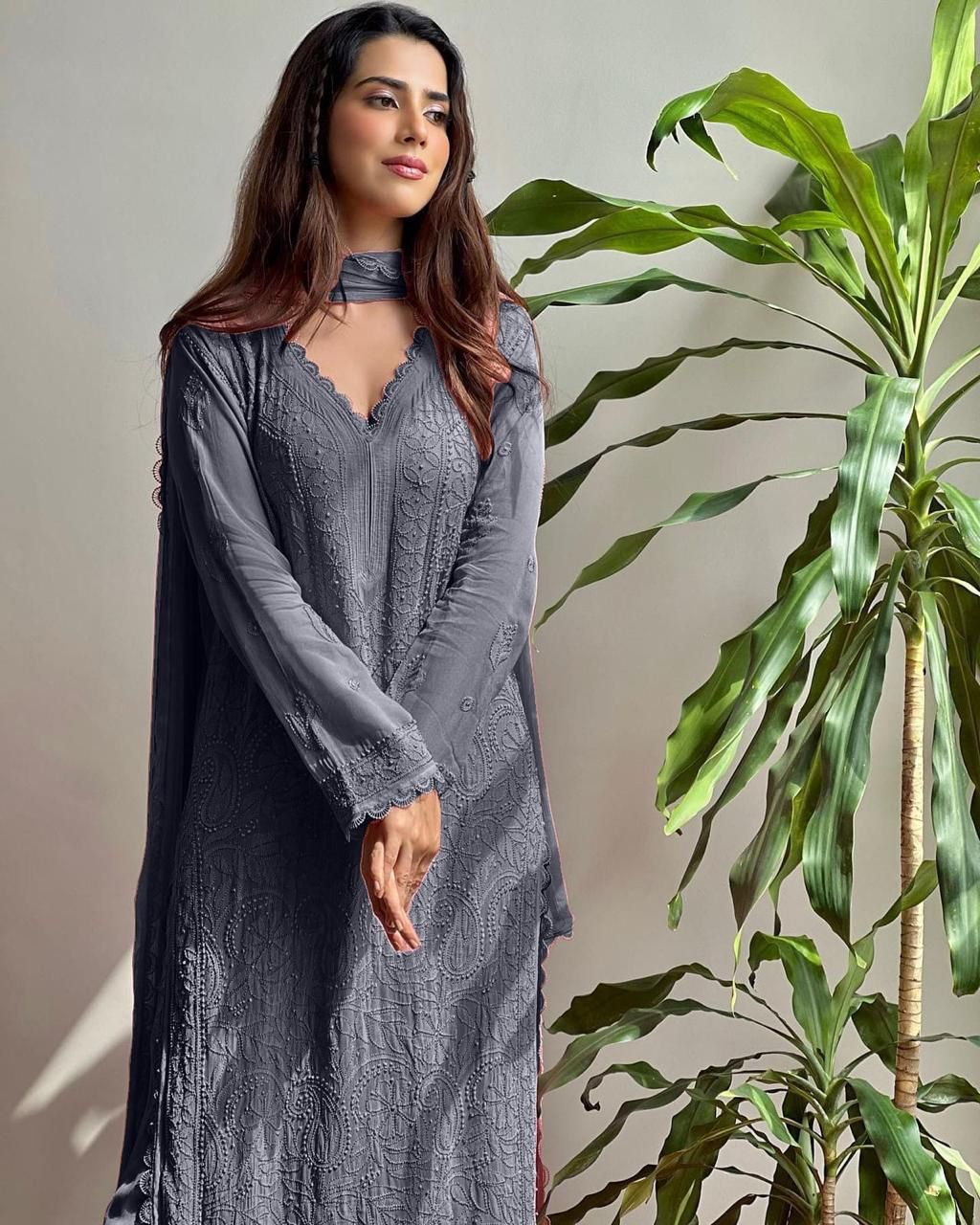 Grey Georgette Premium  Kurta Pant Dupatta Set For Women