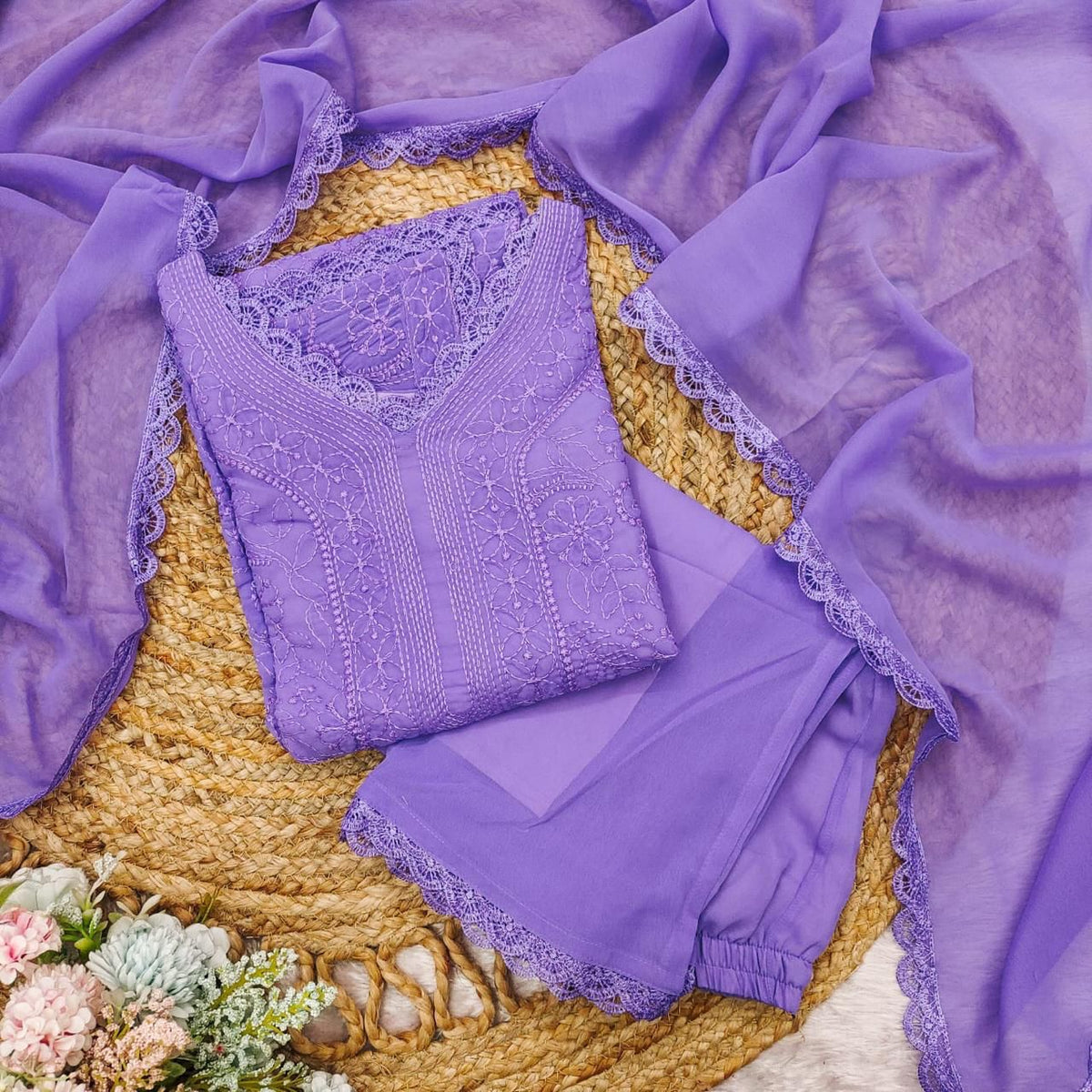 Lavender Georgette Premium  Kurta Pant Dupatta Set For Women
