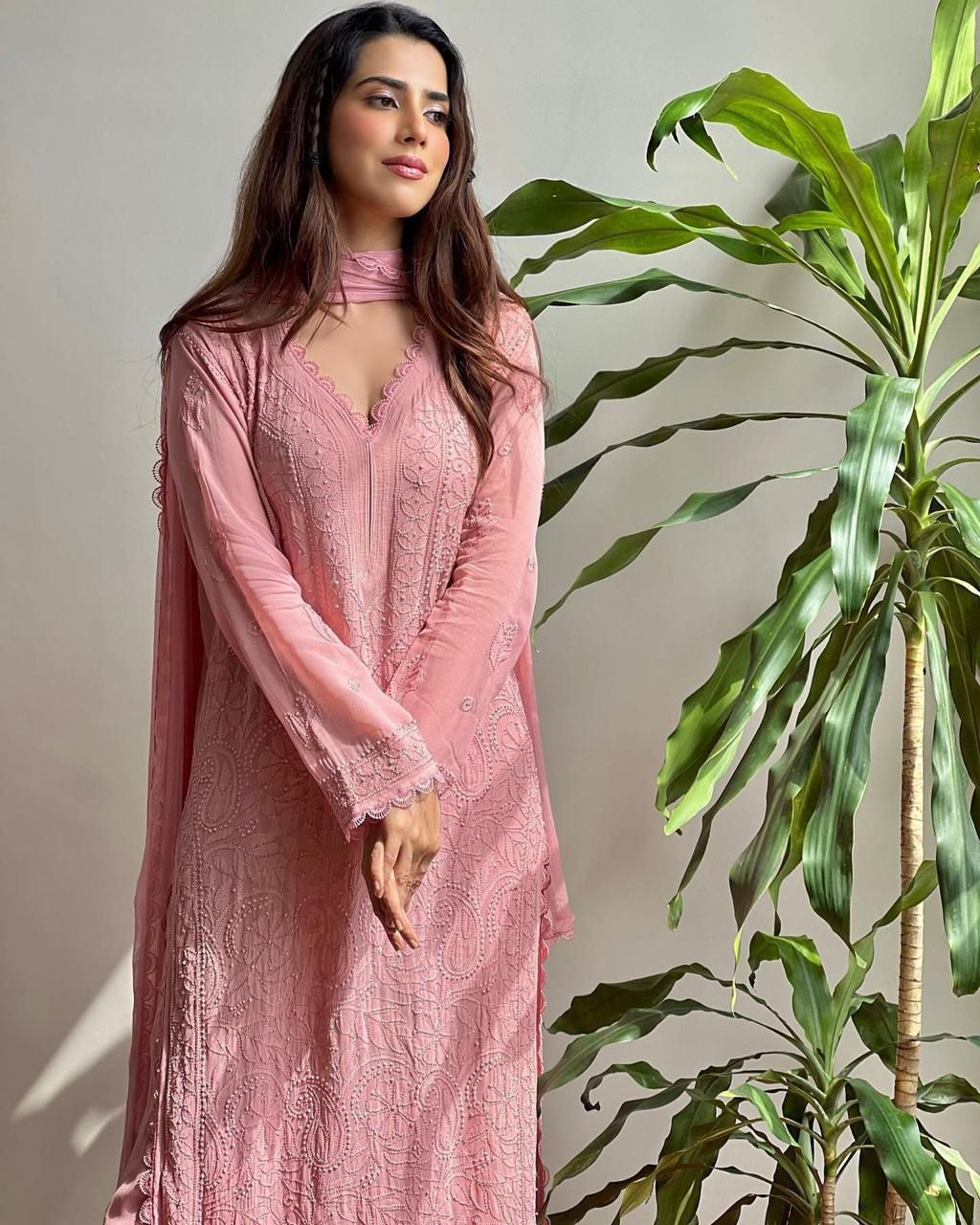 Pastel Pink Georgette Premium  Kurta Pant Dupatta Set For Women