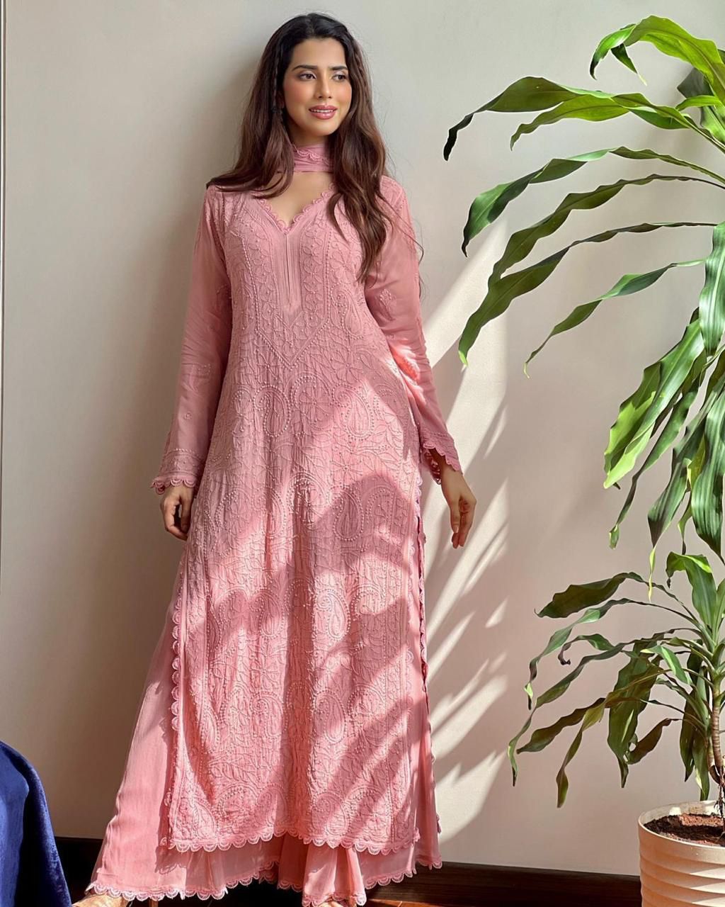 Pastel Pink Georgette Premium  Kurta Pant Dupatta Set For Women