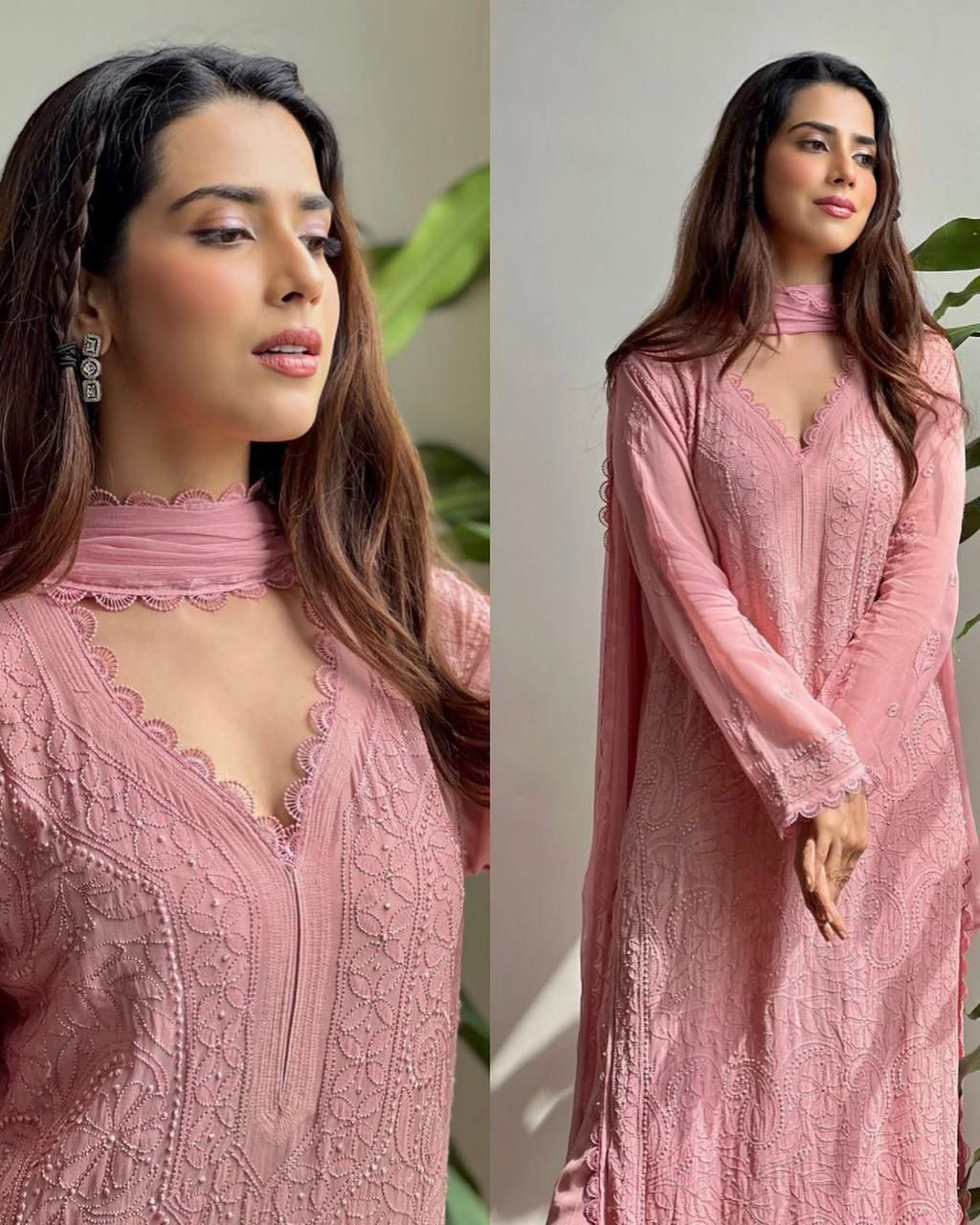 Pastel Pink Georgette Premium  Kurta Pant Dupatta Set For Women
