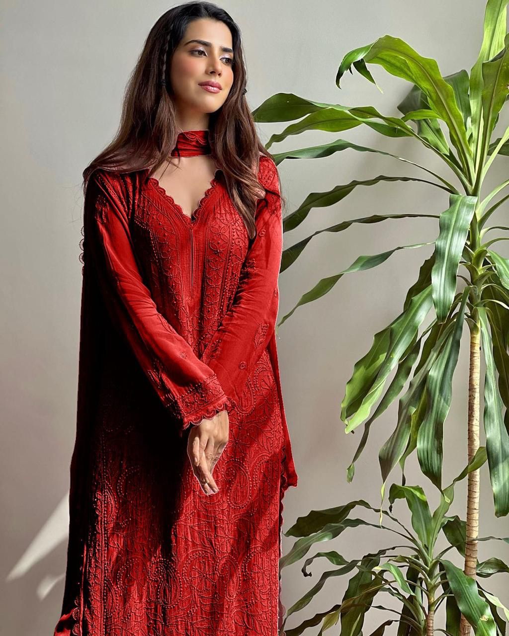 Red Georgette Premium  Kurta Pant Dupatta Set For Women