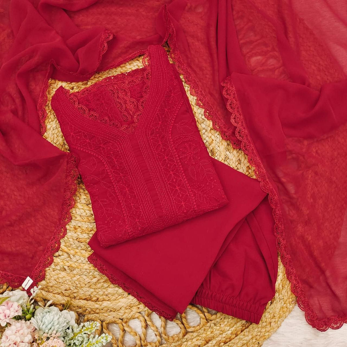 Red Georgette Premium  Kurta Pant Dupatta Set For Women