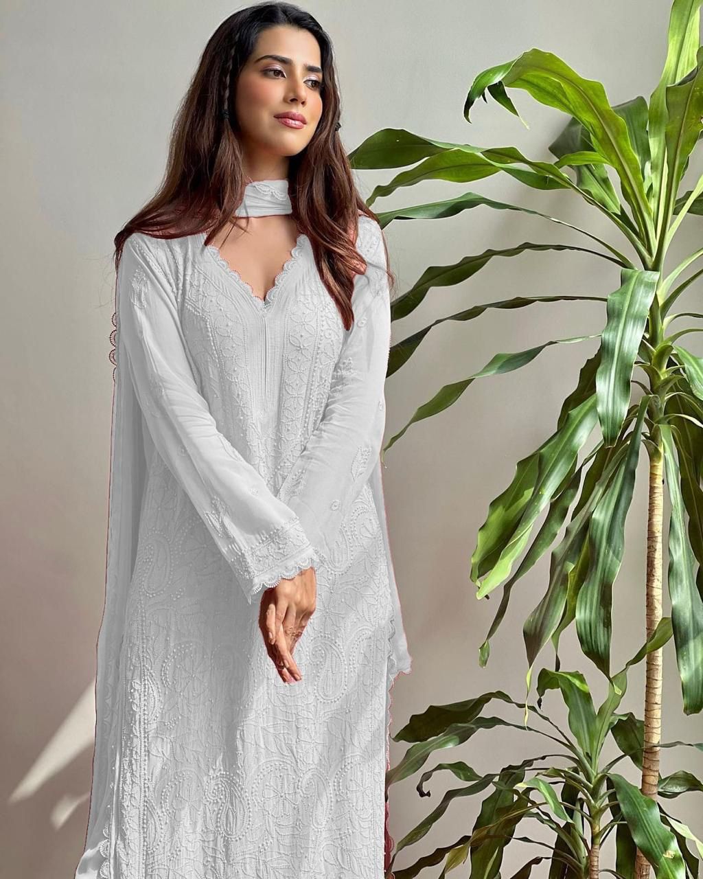 White Georgette Premium  Kurta Pant Dupatta Set For Women