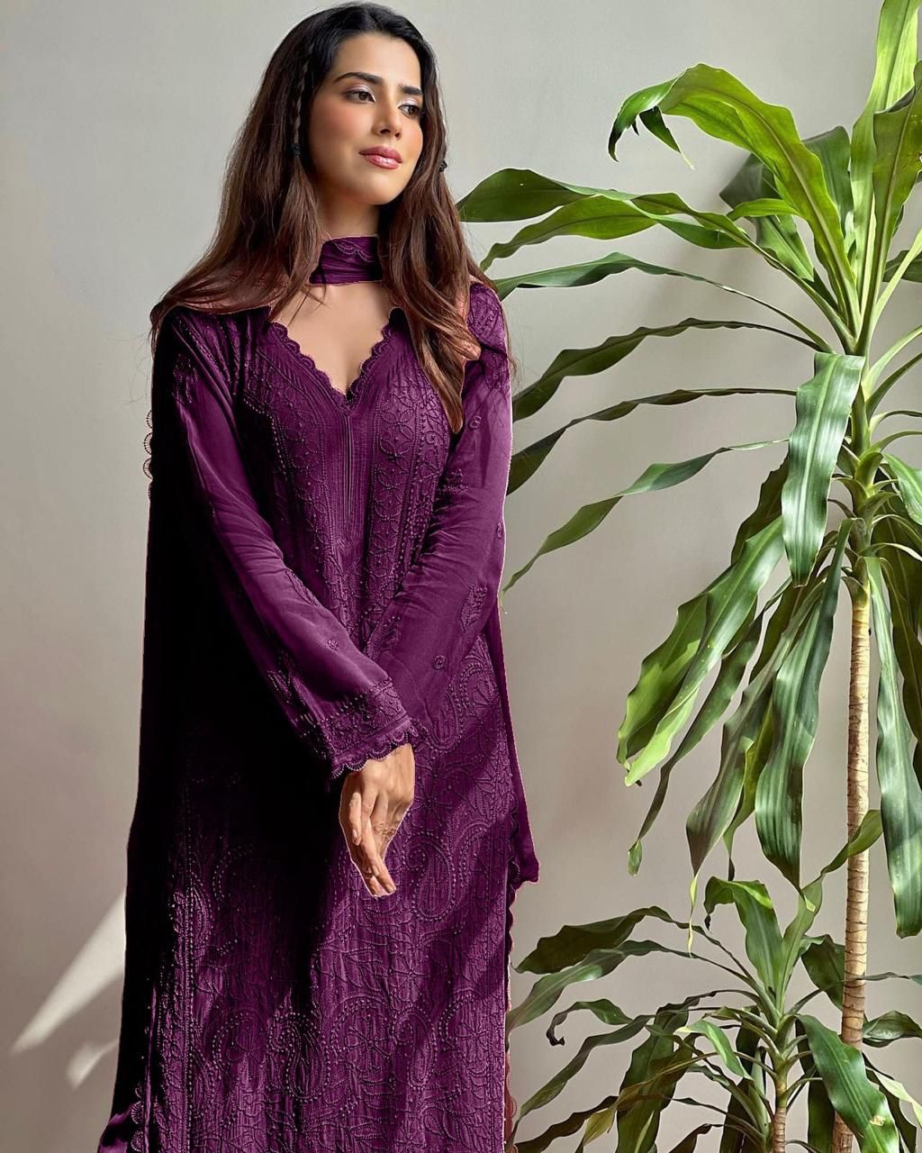Wine Georgette Premium  Kurta Pant Dupatta Set For Women