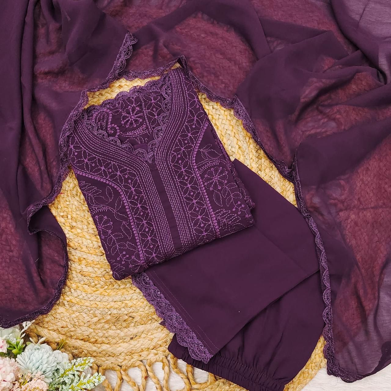 Wine Georgette Premium  Kurta Pant Dupatta Set For Women