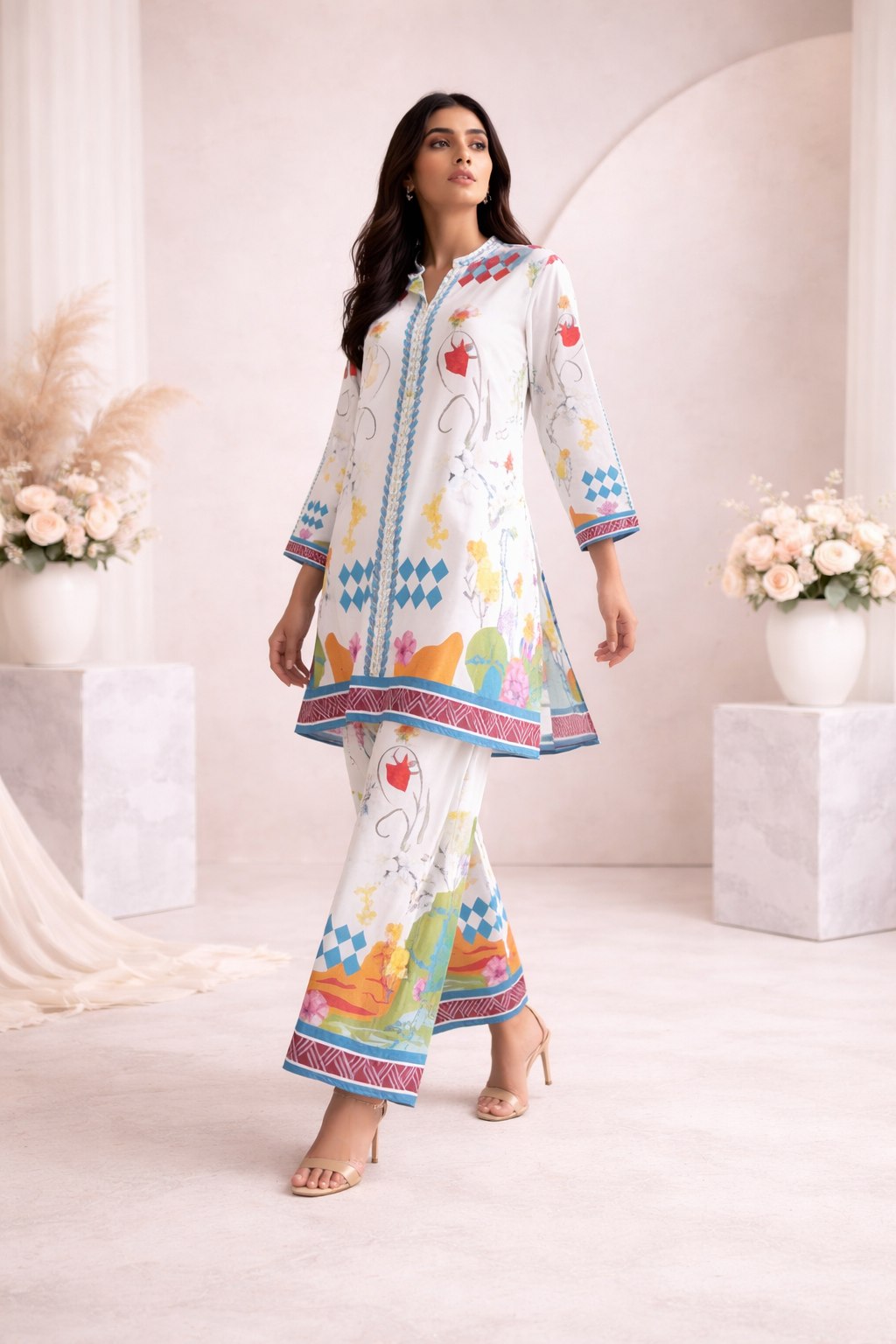 White Cotton Blend Premium   Co-ord Set For Women