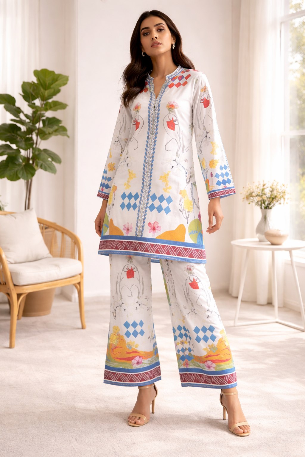 White Cotton Blend Premium   Co-ord Set For Women