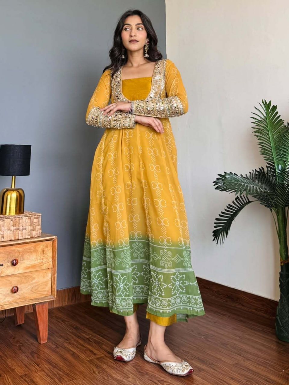 Mustard Yellow and Green Faux Georgette Premium Kurti Set For Women