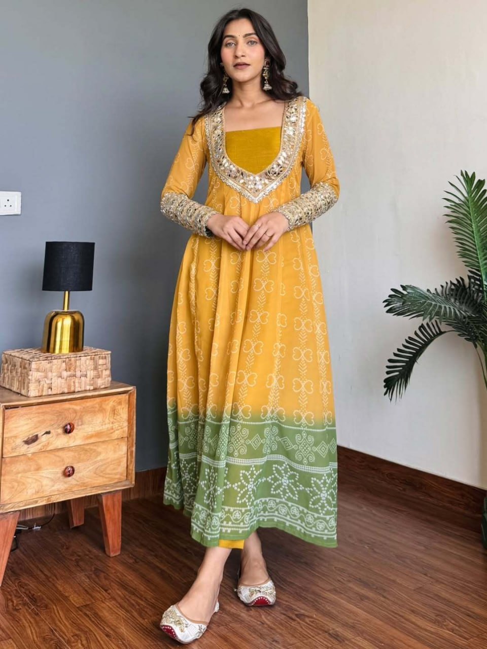 Mustard Yellow and Green Faux Georgette Premium Kurti Set For Women