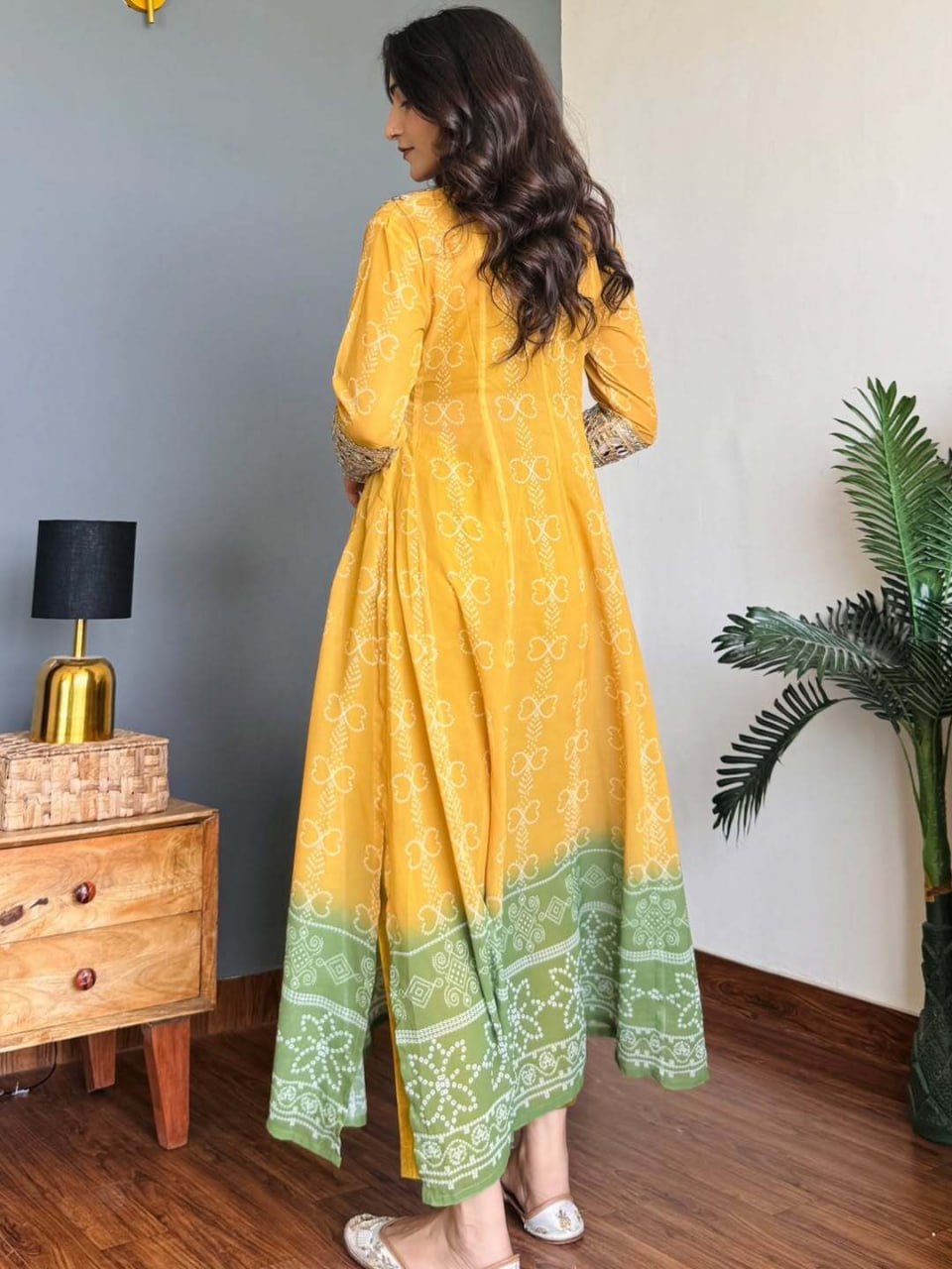 Mustard Yellow and Green Faux Georgette Premium Kurti Set For Women